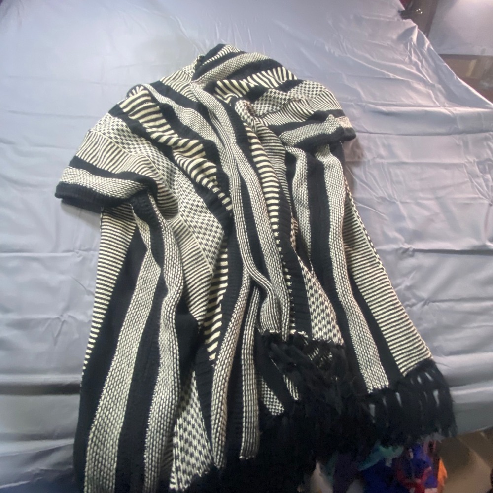 LOFT Black White Striped Fringe Knit Scarf Soft Winter Wrap Shawl Women's